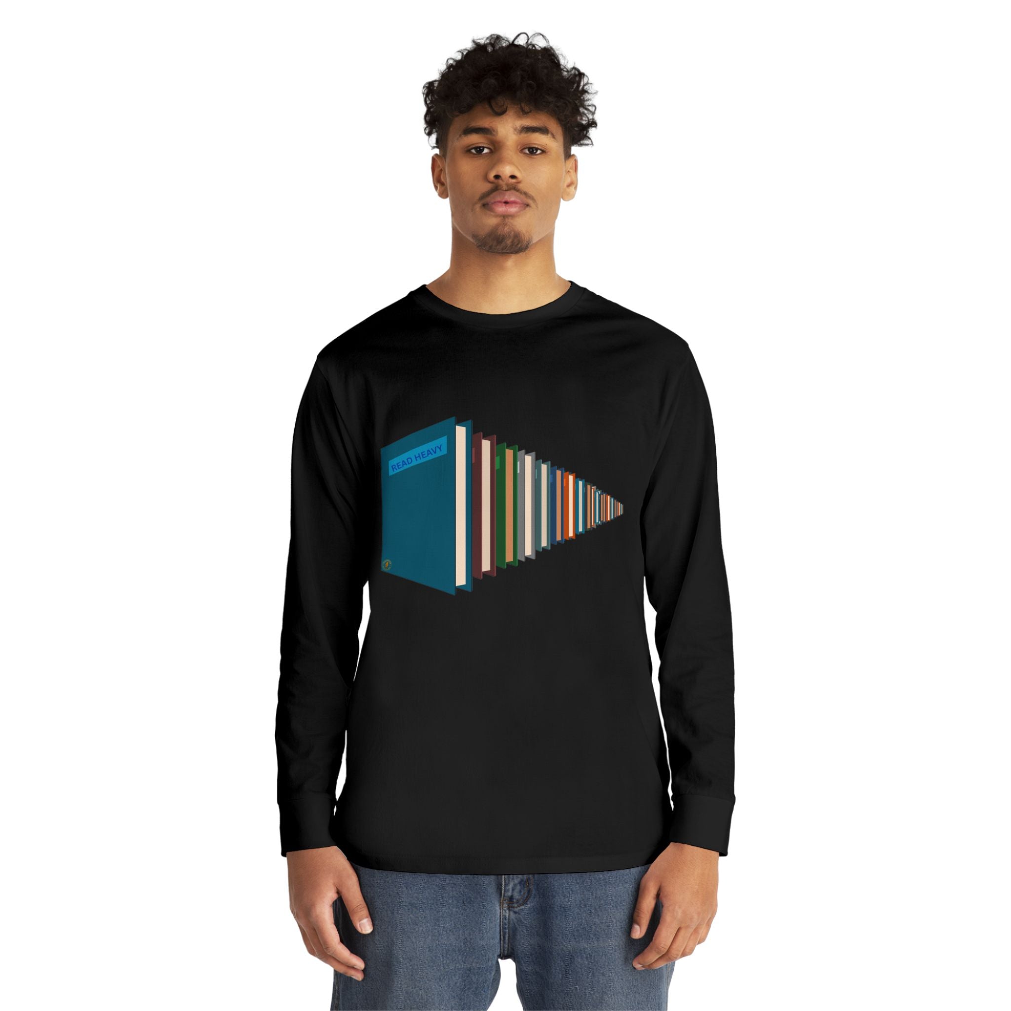 Book Stack Play Button Long Sleeve Tee — Graphic Reader & Music Lover Shirt