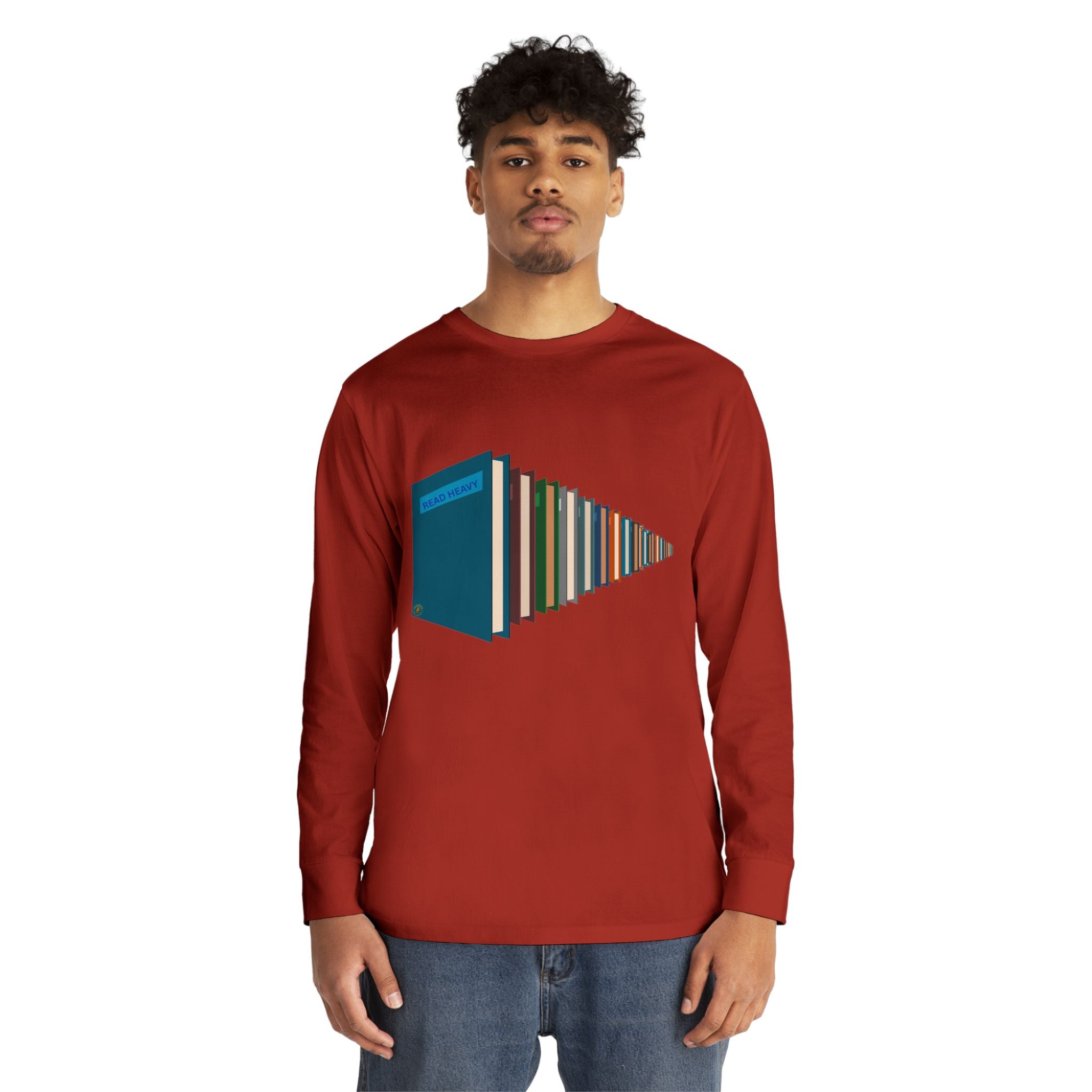 Book Stack Play Button Long Sleeve Tee — Graphic Reader & Music Lover Shirt