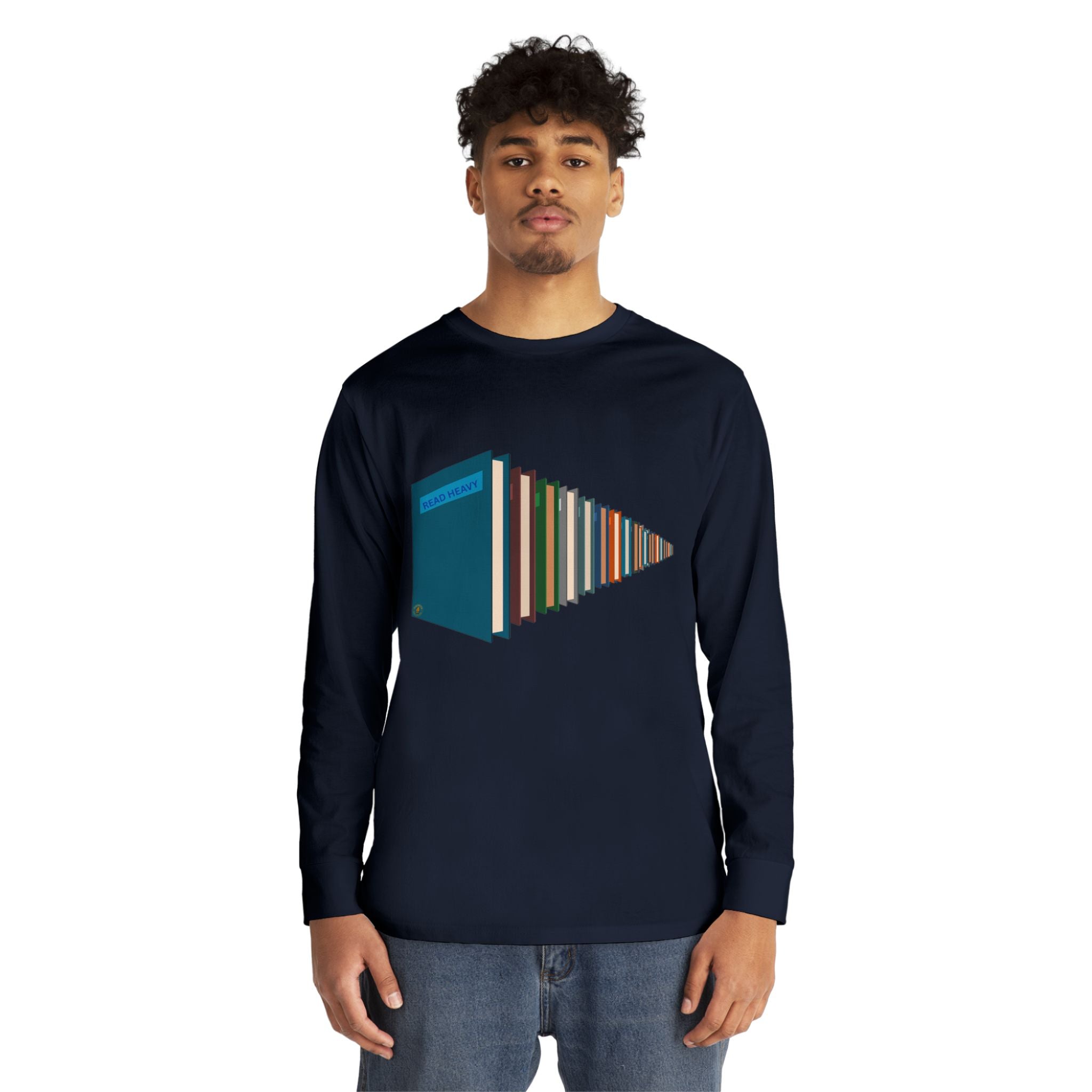 Book Stack Play Button Long Sleeve Tee — Graphic Reader & Music Lover Shirt