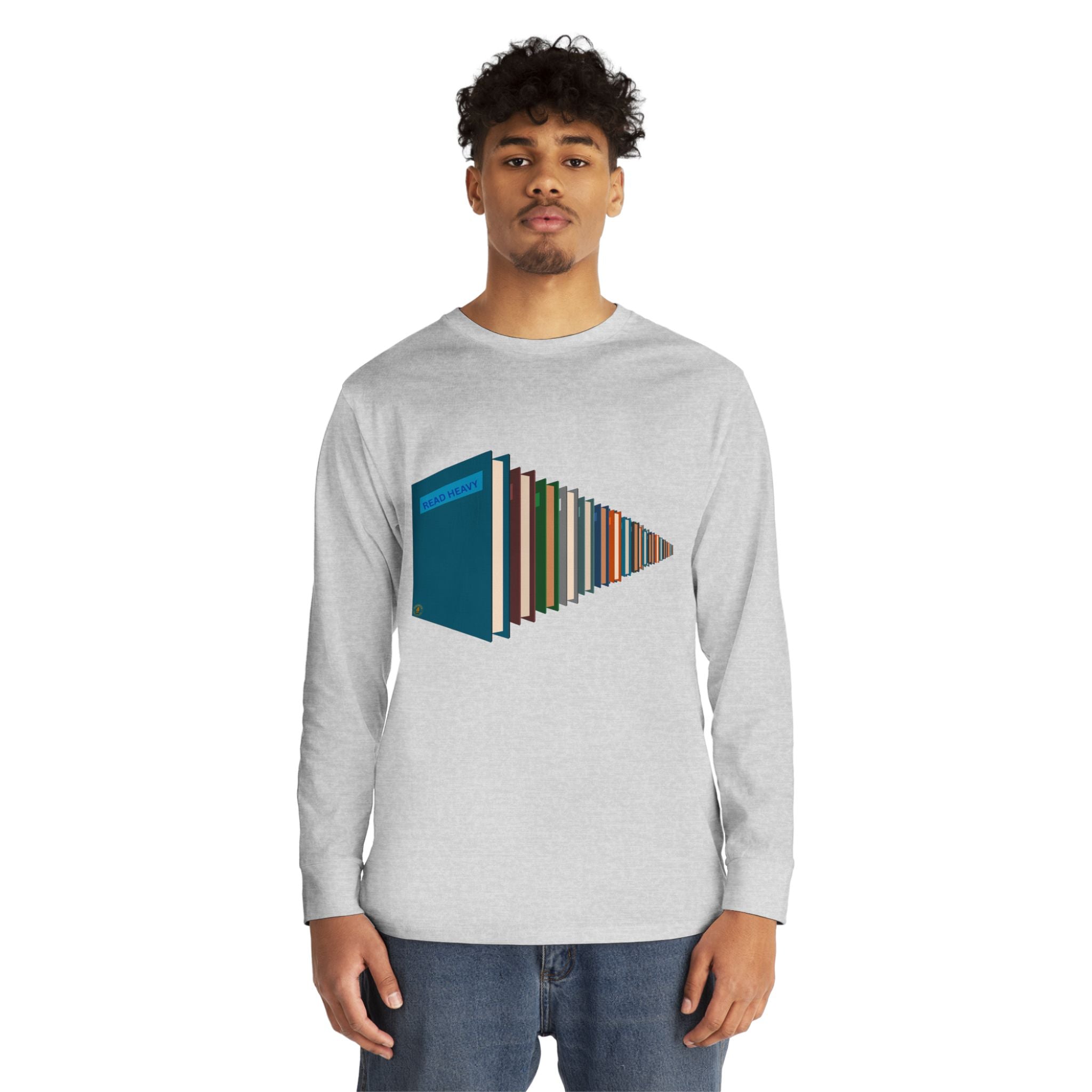 Book Stack Play Button Long Sleeve Tee — Graphic Reader & Music Lover Shirt
