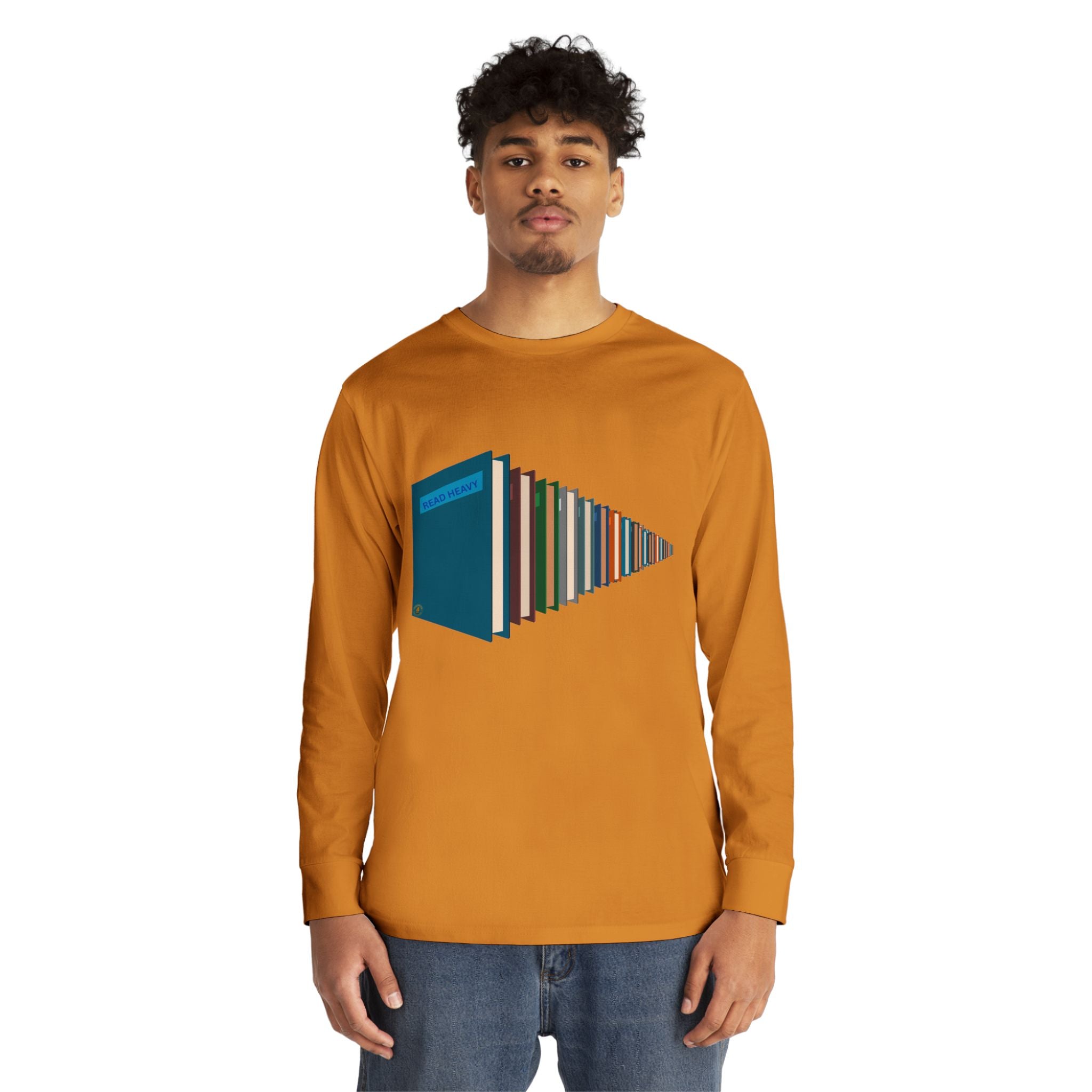 Book Stack Play Button Long Sleeve Tee — Graphic Reader & Music Lover Shirt