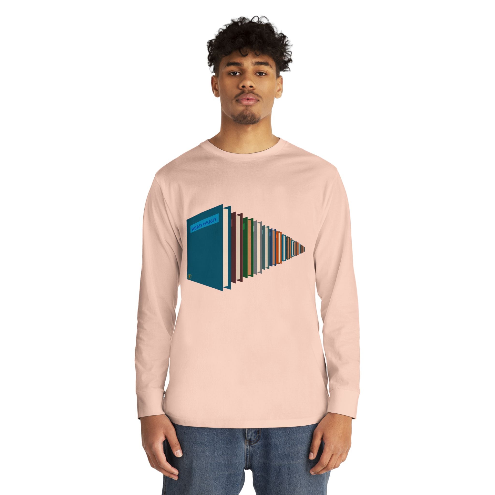 Book Stack Play Button Long Sleeve Tee — Graphic Reader & Music Lover Shirt