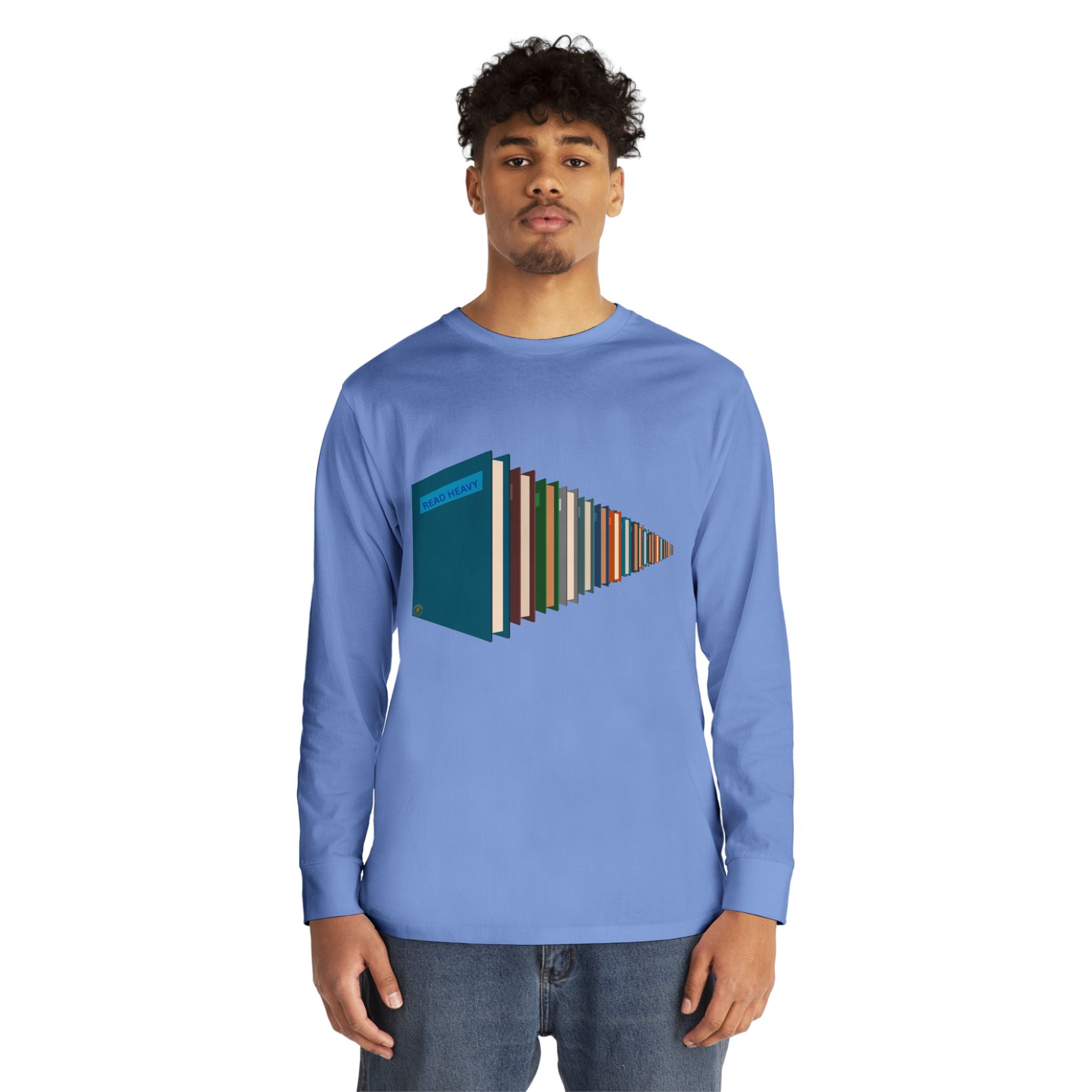 Book Stack Play Button Long Sleeve Tee — Graphic Reader & Music Lover Shirt