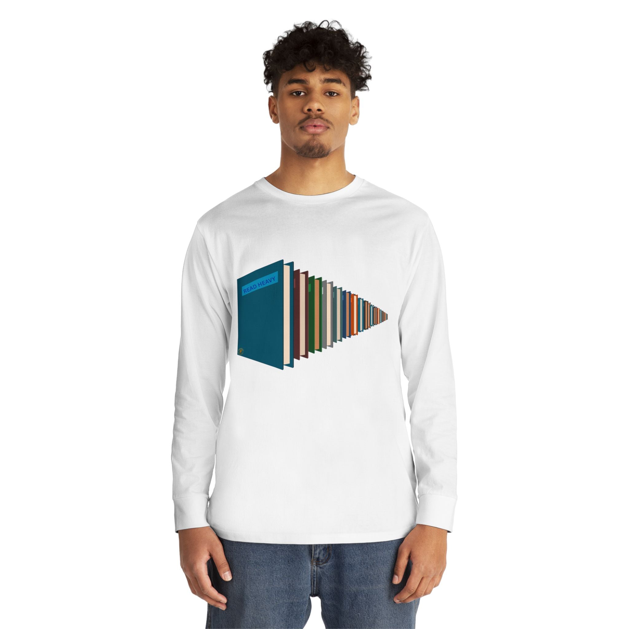 Book Stack Play Button Long Sleeve Tee — Graphic Reader & Music Lover Shirt
